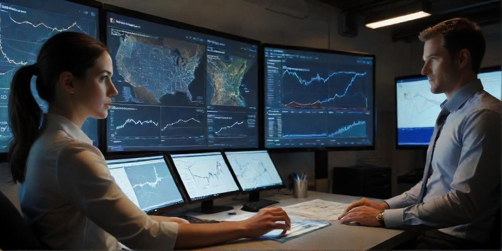 An entrepreneur reviewing detailed digital dashboards and analytics of a transportation startup, showcasing growth metrics and maps in a modern office environment with natural light.