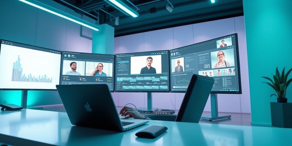 A modern workspace showing a content creator using AI video tools on a laptop, with multiple screens displaying video editing software, animated avatars, and analytics dashboards, conveying efficiency and technological advancement.