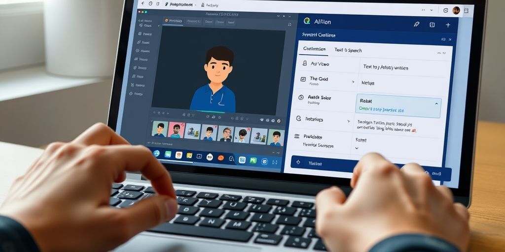 Hands typing on a laptop keyboard with an AI video editing interface visible on screen, showing timeline editing, avatar customization panel, and text-to-speech settings in Persian language.