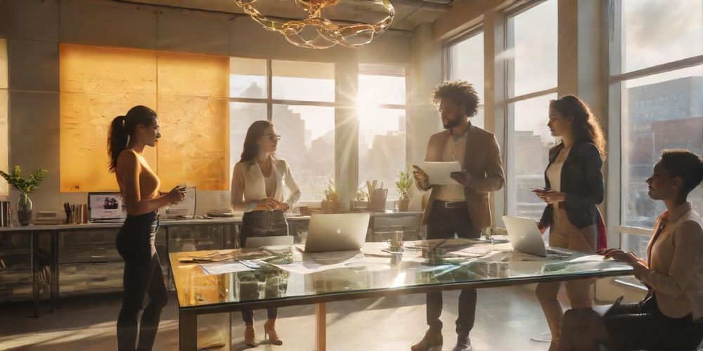 An image showcasing a group of diverse professionals brainstorming over cybersecurity strategies for WordPress, emphasizing collaboration and knowledge sharing in a modern workspace.