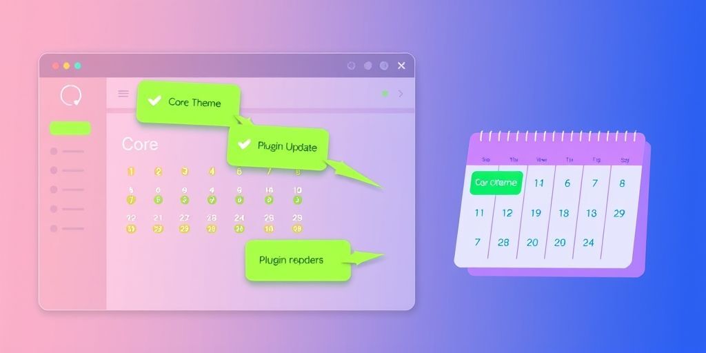 A visual metaphor showing WordPress dashboard with update notifications highlighted, alongside a calendar marked with monthly reminders. Arrows point to core, theme, and plugin update buttons with green checkmarks, all in a clean, organized layout.
