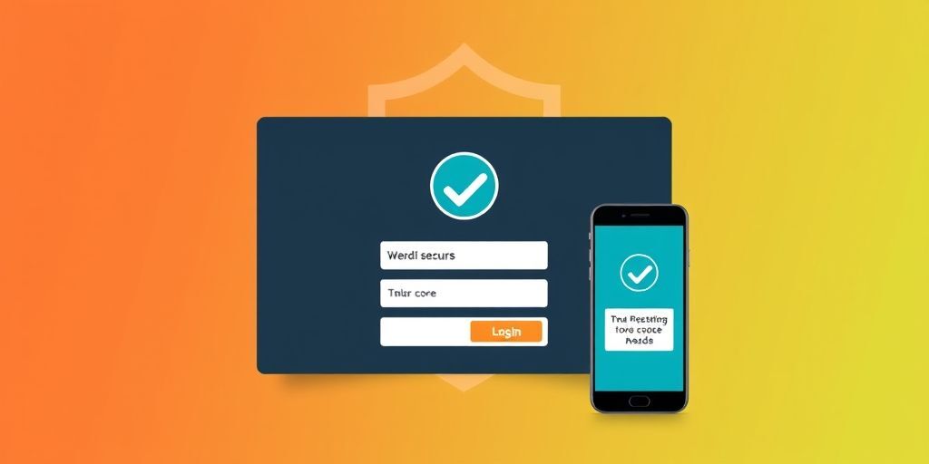 A secure WordPress login screen showing two-factor authentication with a smartphone receiving a verification code. The background features a shield graphic with a checkmark, using warm orange and green colors symbolizing security.