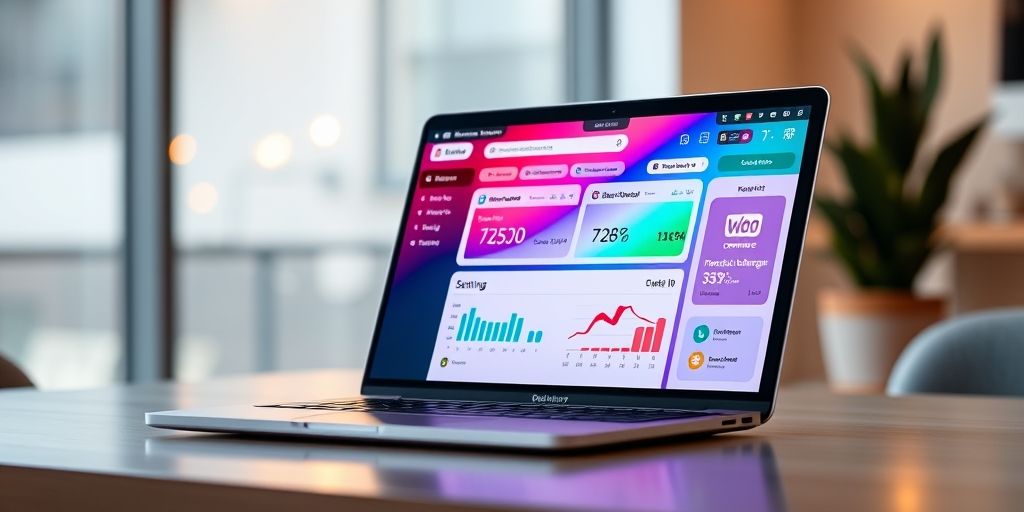A modern laptop showing a Persian-language WooCommerce dashboard with order statistics, product management interface, and payment settings visible. Vibrant colors, clear Persian typography, and intuitive UI design.