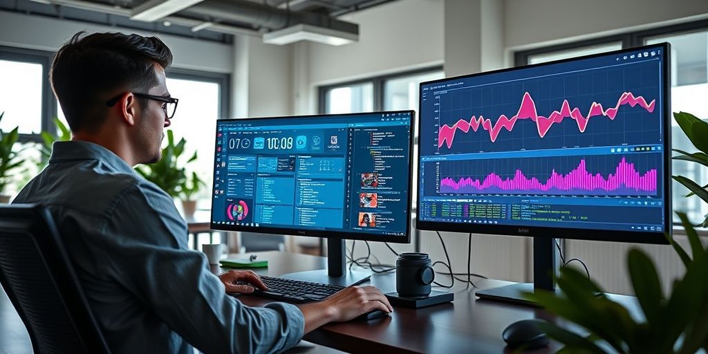 A developer customizing WordPress dashboard with multiple monitoring widgets, code editor on secondary screen, and analytics graphs showing real-time data in a modern office setup