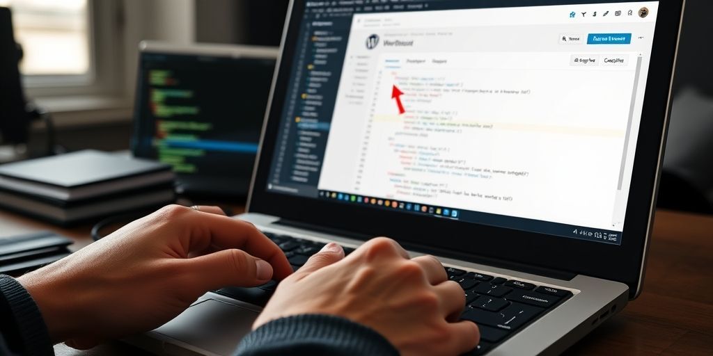 Close-up of a developer hands typing on keyboard with WordPress dashboard customization interface visible on screen, showing React components and API endpoints in code editor