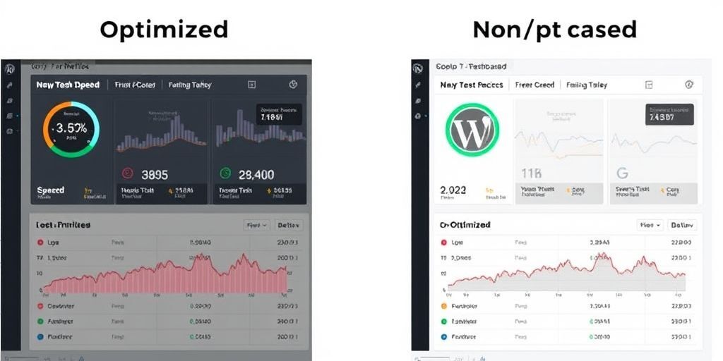 A split view showing optimized vs non-optimized WordPress dashboard performance metrics with speed comparison graphs and loading time indicators