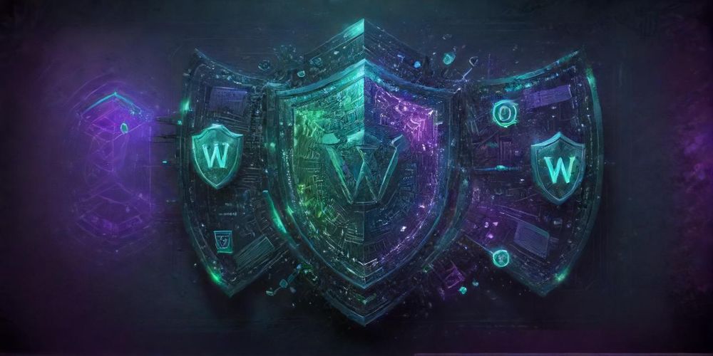 An abstract graphical representation of WordPress SEO plugins interacting with security features, showcasing shields, checkmarks, and digital elements in a modern web design.