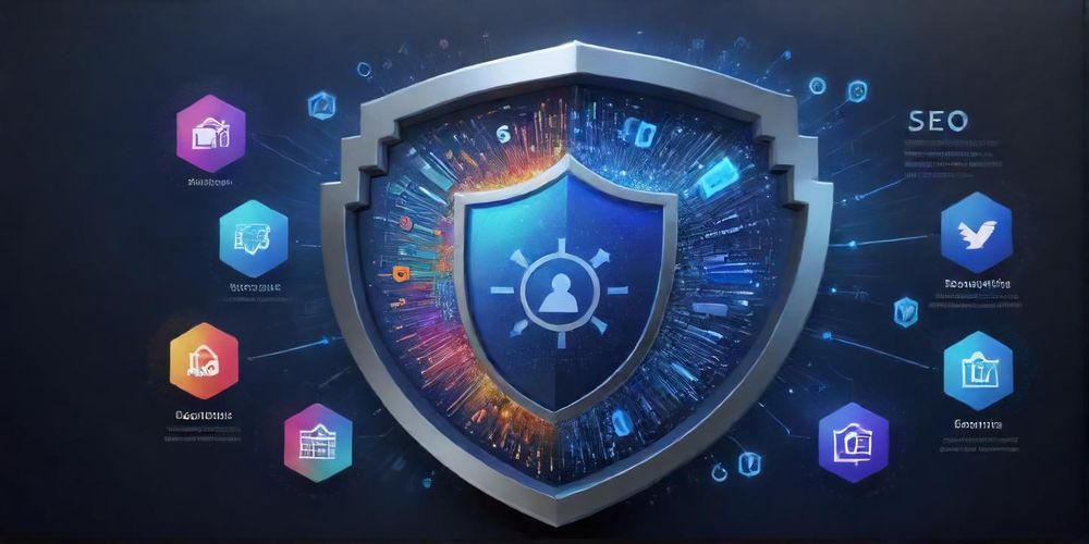 A digital representation of a secure website, featuring a shield icon, SEO keywords surrounding the shield, conveying a feeling of protection and advancement in web strategy.