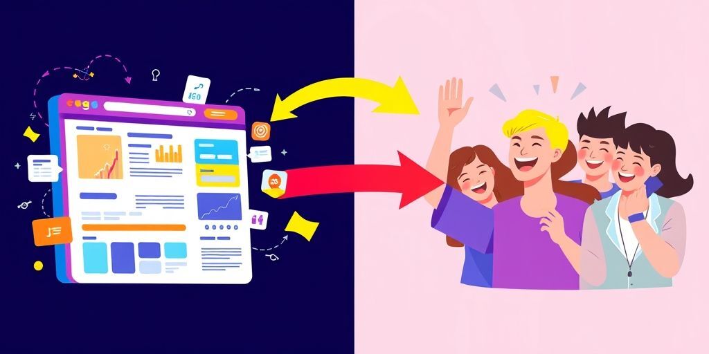 A split-screen illustration showing a website with SEO plugin elements on one side transforming into happy user interactions on the other side, with arrows connecting technical metrics to user satisfaction indicators. Vibrant colors, flat design style.