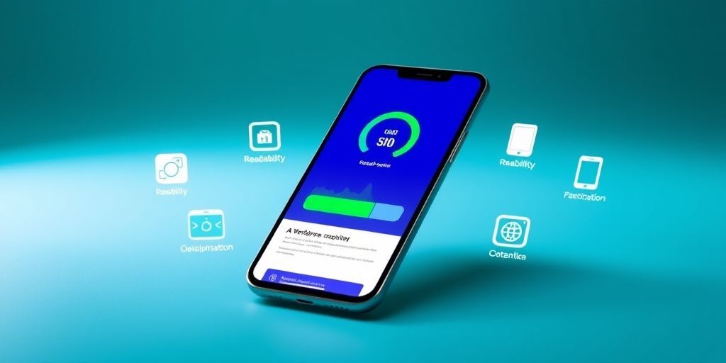 A smartphone showing a WordPress site loading fast with a green speed score, surrounded by icons representing SEO plugins features like readability checks and mobile optimization. Clean modern design with gradient background.