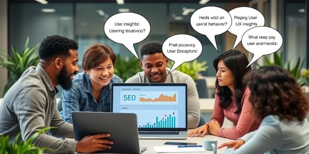 A diverse team collaborating around a laptop showing WordPress dashboard with SEO plugin analytics, discussing user behavior metrics with speech bubbles containing UX insights. Office environment with plants.