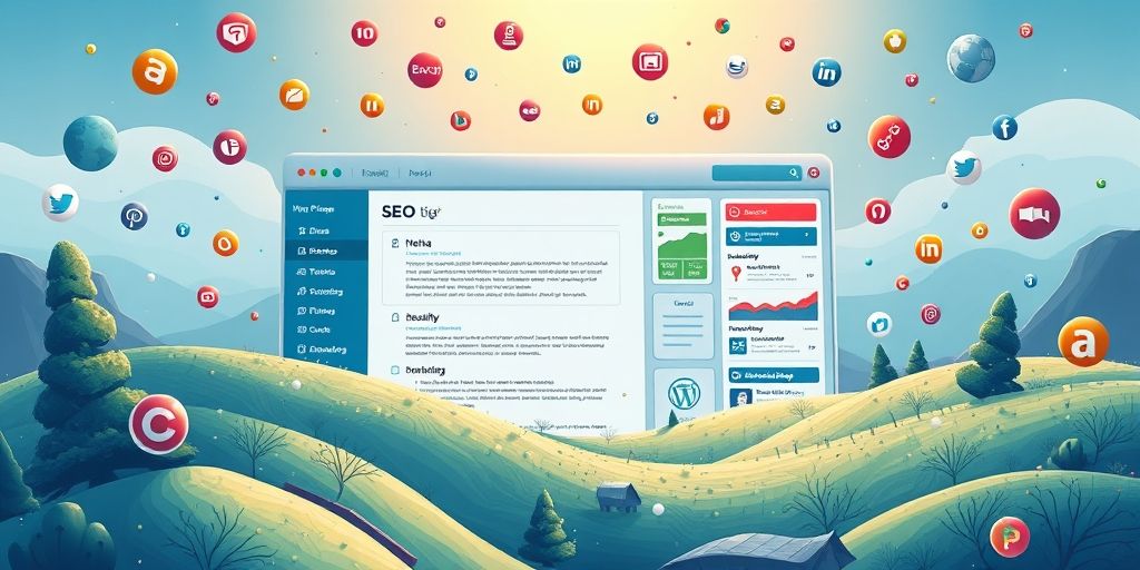 A detailed illustration showing a WordPress dashboard with SEO plugin interface visible, highlighting features like meta tag editing, readability analysis, and sitemap generator, with search engine icons floating above.