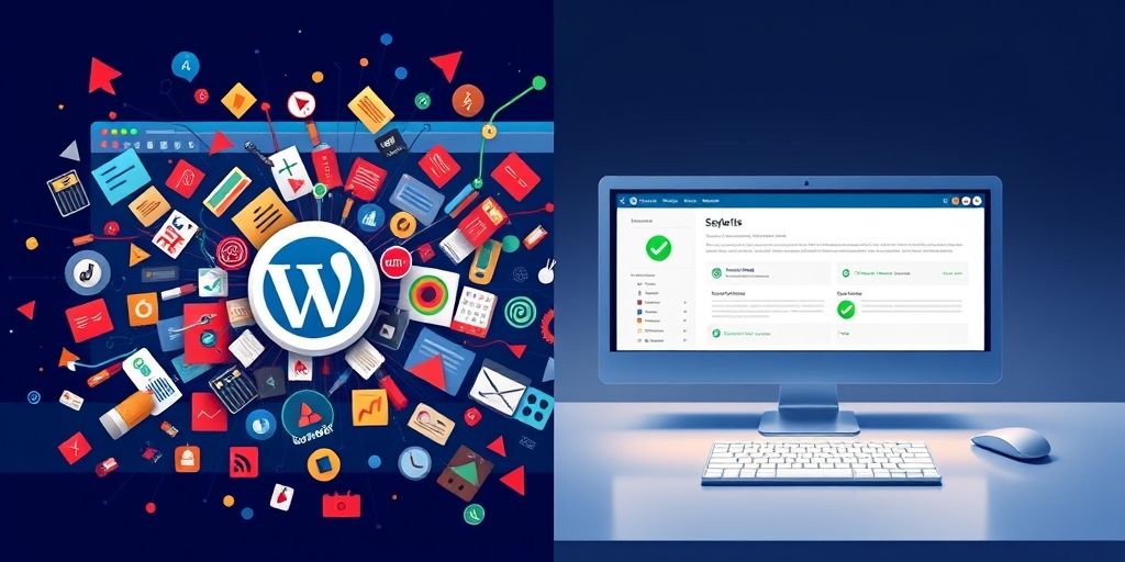 A split-screen comparison: left side shows a messy WordPress dashboard with multiple conflicting SEO plugins, right side shows a clean interface with one well-configured SEO plugin and green checkmarks.