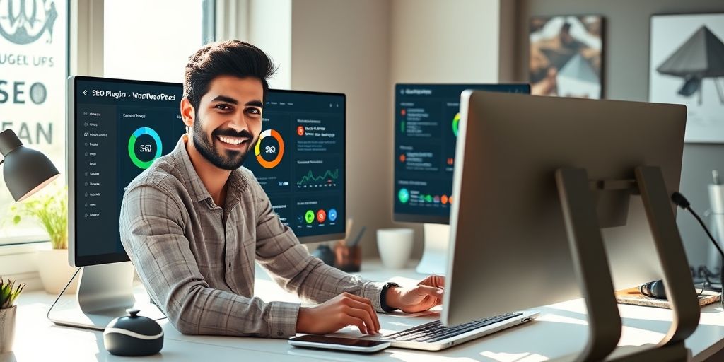 A Persian web developer smiling while optimizing a WordPress site, with SEO plugin dashboard visible on screen showing high scores, surrounded by icons representing content, speed, and user experience.