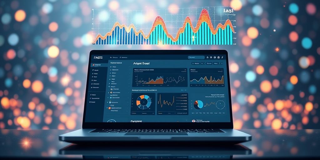 A modern laptop showing a WordPress dashboard with AI plugin interface, Persian text visible on screen, colorful data visualization graphs floating above the screen, digital particles in background, vibrant tech atmosphere