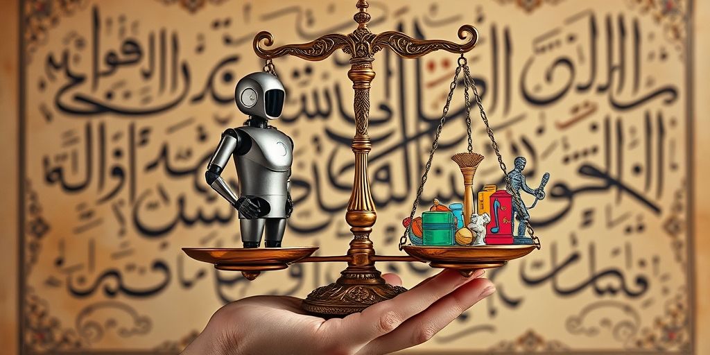 A hand holding a scale with AI robot on one side and human creativity icons on other, Persian calligraphy elements in background, balanced composition showing technology vs humanity