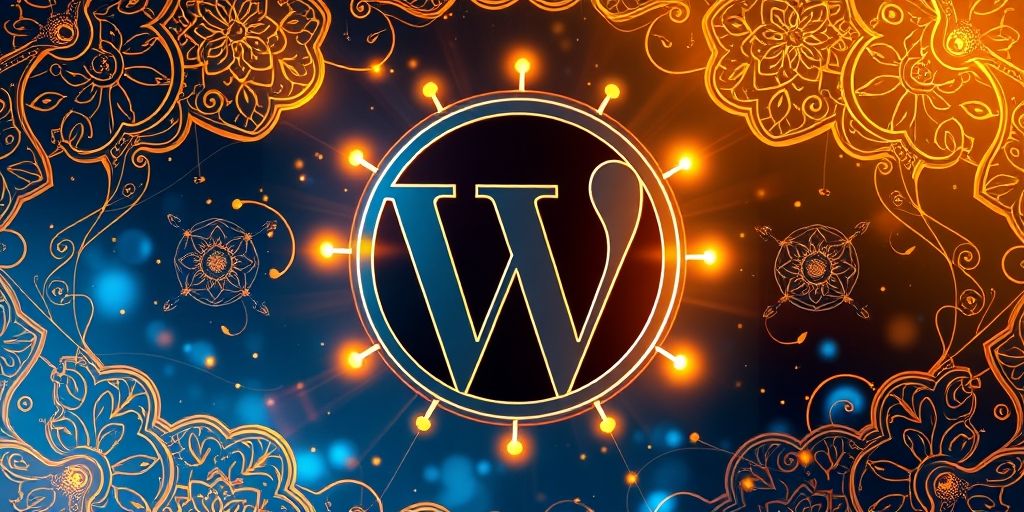 Futuristic WordPress logo with AI neural network connections, glowing Persian patterns integrated, floating in digital space with holographic elements, vibrant blue and gold tones