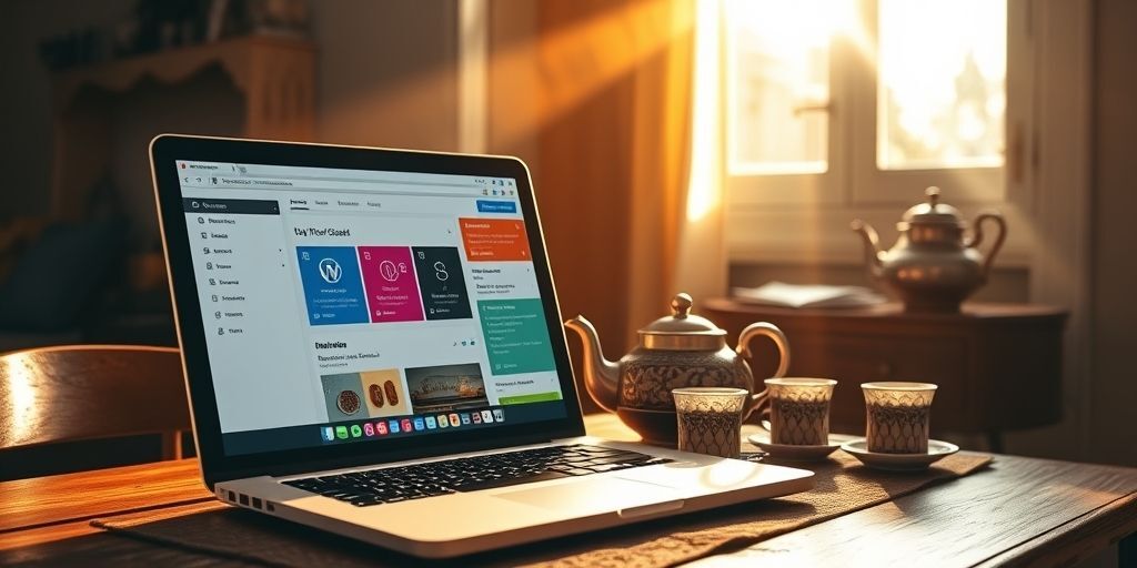A modern laptop showing a customized WordPress dashboard with Persian interface, featuring simplified menus and color-coded widgets, sunlight streaming through a window onto a desk with traditional Persian tea set