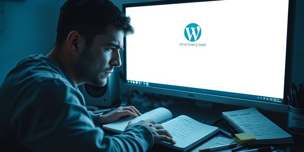 A person frowning at a WordPress error message on screen, showing a white screen of death, with coffee cup and notebook showing Persian troubleshooting notes beside keyboard