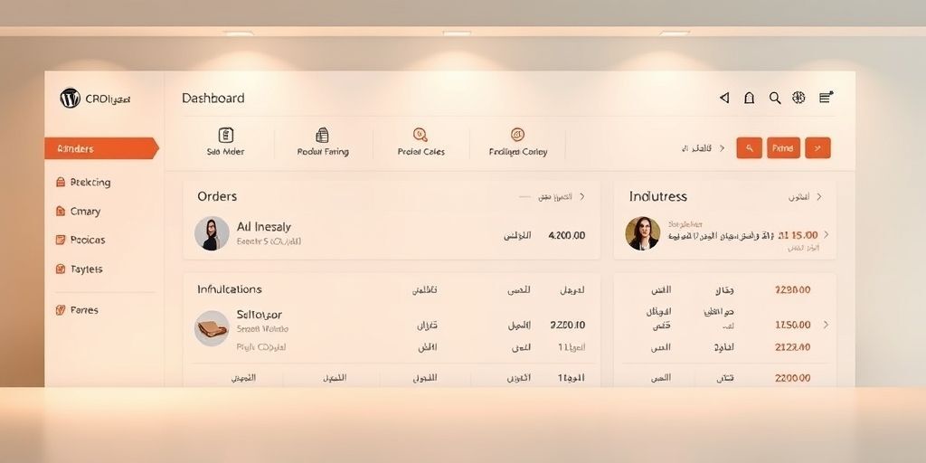 A clean, organized WordPress dashboard with Persian text, customized for e-commerce with quick access buttons for orders and products, minimalist design with warm colors