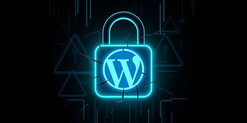 A digital padlock with a cracked WordPress logo inside, surrounded by shadowy hacker symbols and warning signs, illustrating website vulnerability in a dark cyber environment