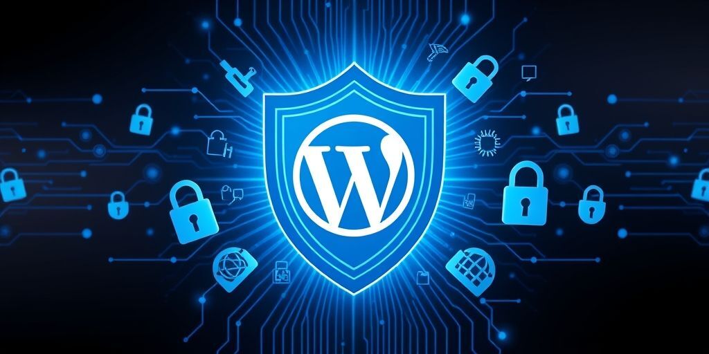 A shield with a WordPress logo at the center, surrounded by security icons like padlocks, keys, and firewalls in a protective blue glow, symbolizing website protection