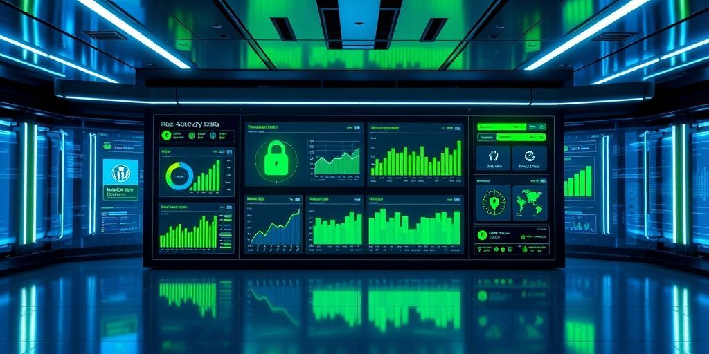 A futuristic control panel dashboard showing real-time WordPress security metrics like threat alerts, firewall status, and malware scans with green safety indicators