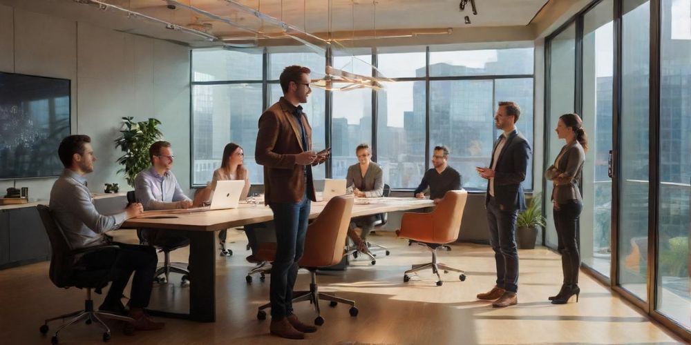 A professional setting depicting a team of web developers discussing AI strategies on improving website performance, symbolizing collaboration and innovation.