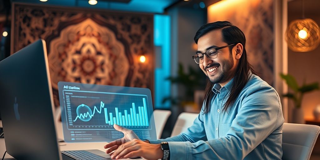 A modern workspace with a Persian-speaking content creator smiling while reviewing AI-generated content analytics on a holographic screen, with traditional Persian patterns subtly integrated in the background, showcasing human-AI collaboration.