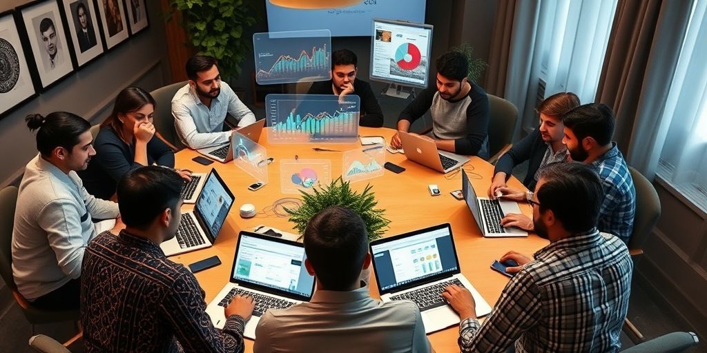 A diverse group of Iranian content creators collaborating around a table covered with laptops showing AI analytics dashboards in Persian, with floating holograms of engagement metrics and audience demographics.