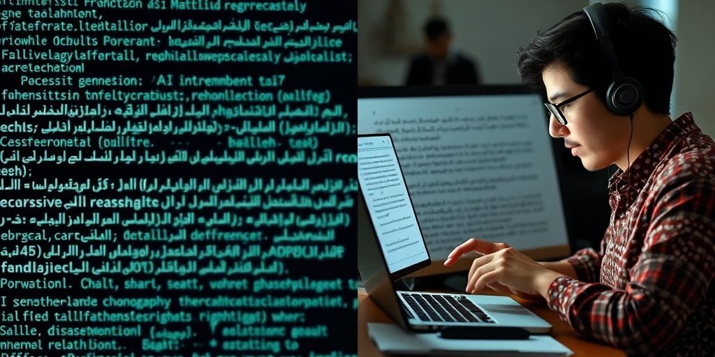 A split-screen image: left side shows AI algorithms generating Persian text, right side shows a human editor refining content with cultural nuances, symbolizing the ideal collaboration between technology and human insight.