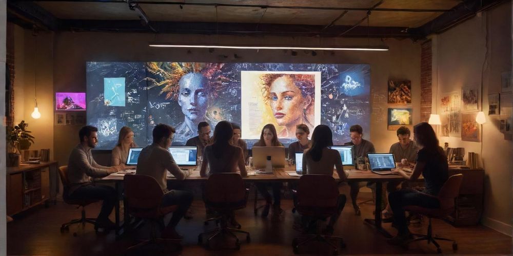 A grouped image of writers collaborating with AI tools, expressing creativity and admiring the generated content visually, with an inviting workspace ambiance.