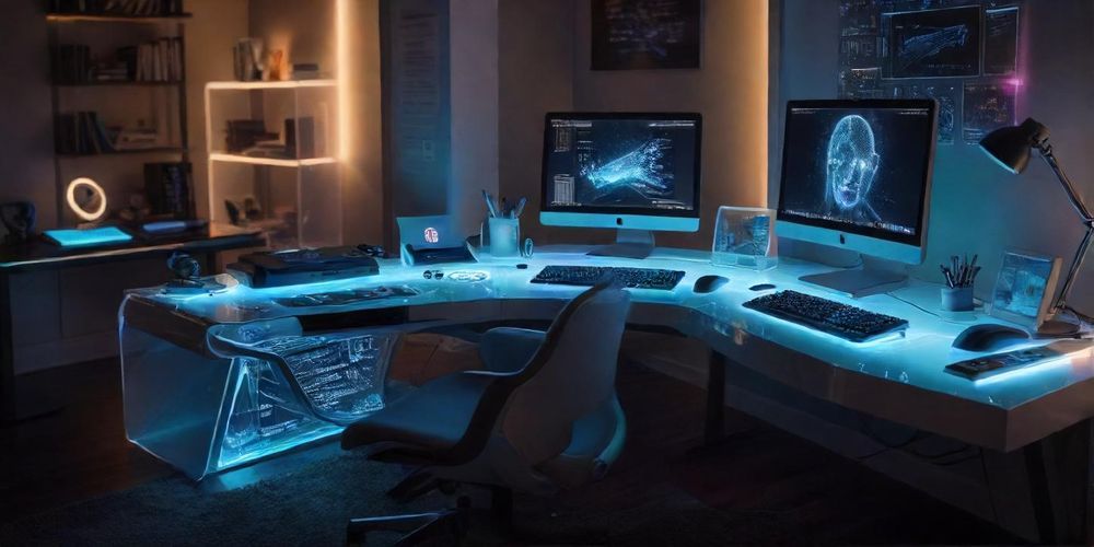 A visionary image of a futuristic writer's desk surrounded by AI devices, books, and creative elements, symbolizing the evolution of writing and the collaboration between humans and AI.