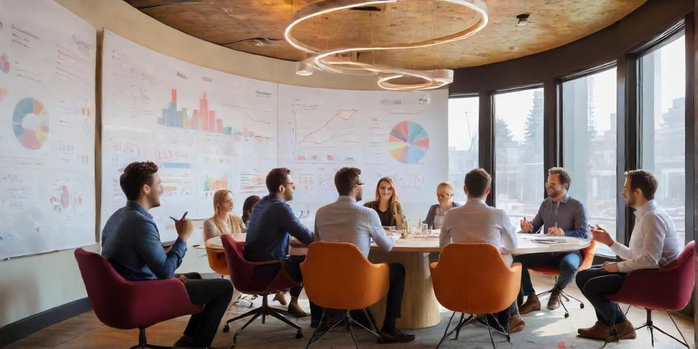 A diverse group of entrepreneurs engaged in a brainstorming session, surrounded by charts and graphs, reflecting collaboration and innovation in startup valuation.