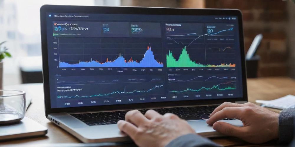 A detailed financial graph on a laptop screen showing startup valuation trends and forecasts, with an entrepreneur analyzing the data.