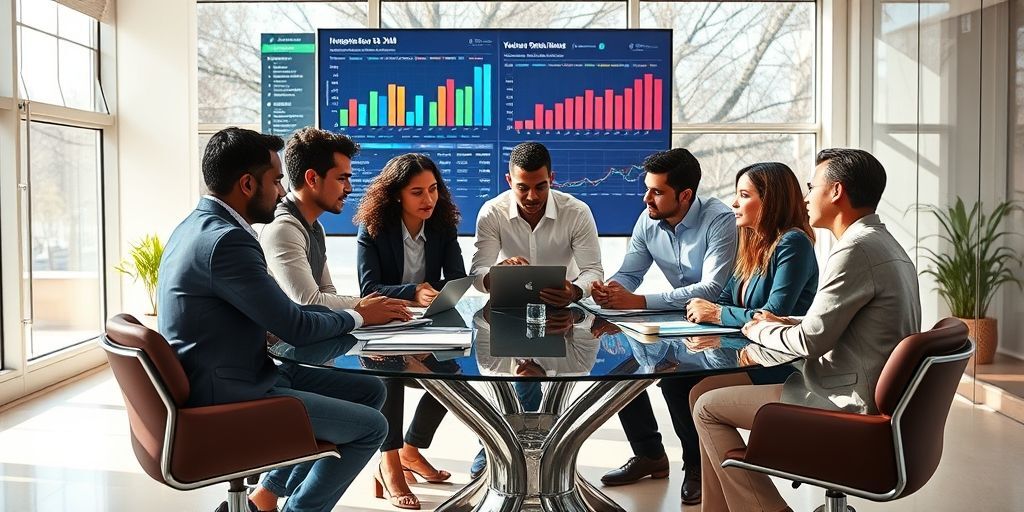 A diverse team of startup founders and investors engaged in a serious discussion around a glass table in a modern office. Financial charts and graphs are visible on a large screen in the background, conveying strategic decision-making.