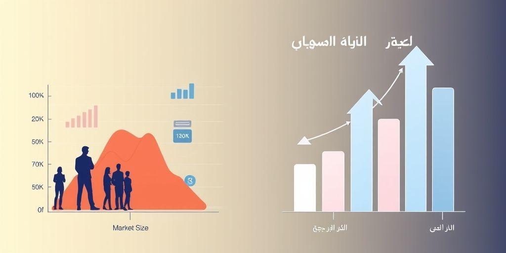 An infographic showing key startup valuation factors: market size graph, team collaboration, technology stack, and growth metrics. Clean design with Persian captions and upward trend arrows.