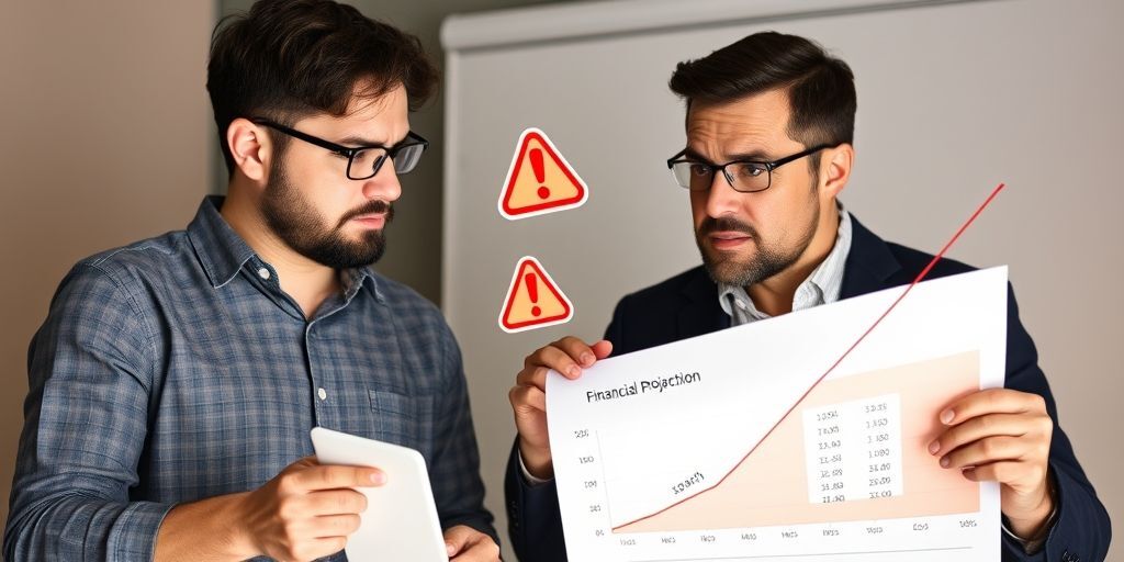 A startup founder looking at a financial projection chart with unrealistic high numbers, while an investor points at discrepancies with a concerned expression. Red warning symbols hover over exaggerated growth curves.