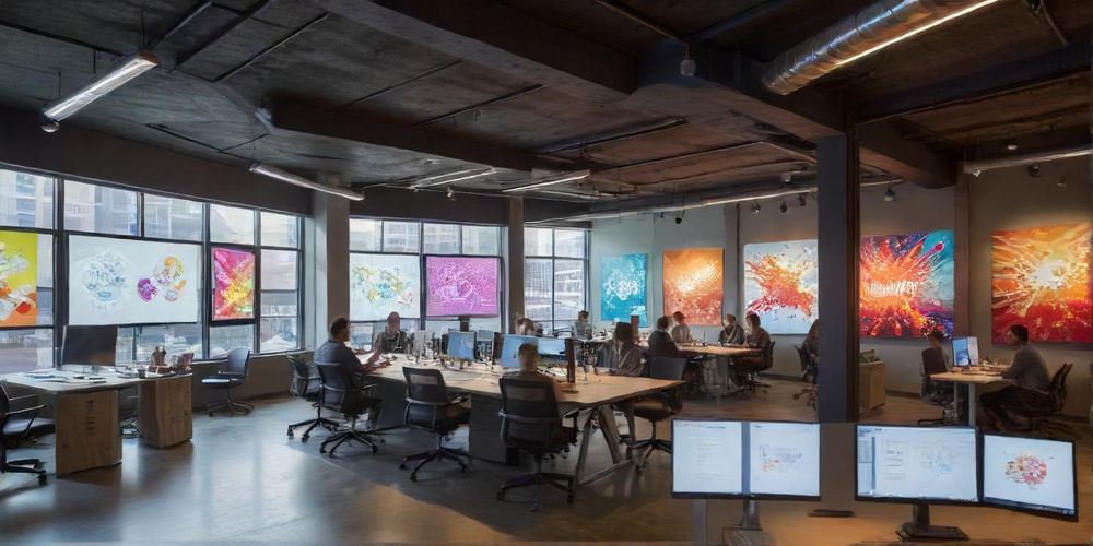 A bustling startup office with innovative technology, diverse team members collaborating, showcasing a vibrant and progressive work environment.