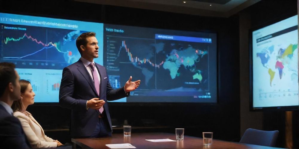 A successful entrepreneur sharing insights during a pitch meeting with investors, showing confidence and clarity in a modern conference room.