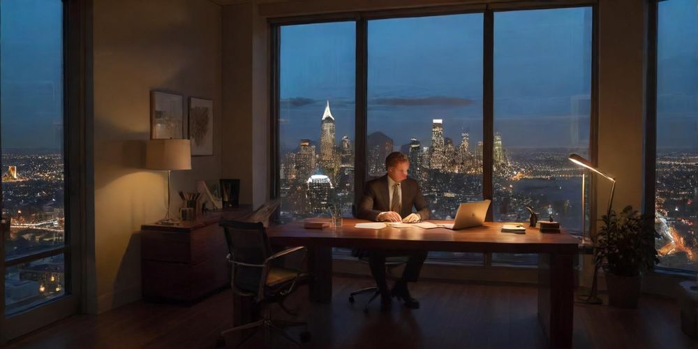 A focused entrepreneur working late at night, analyzing financial data and preparing for investor meetings, illustrating dedication and hard work.