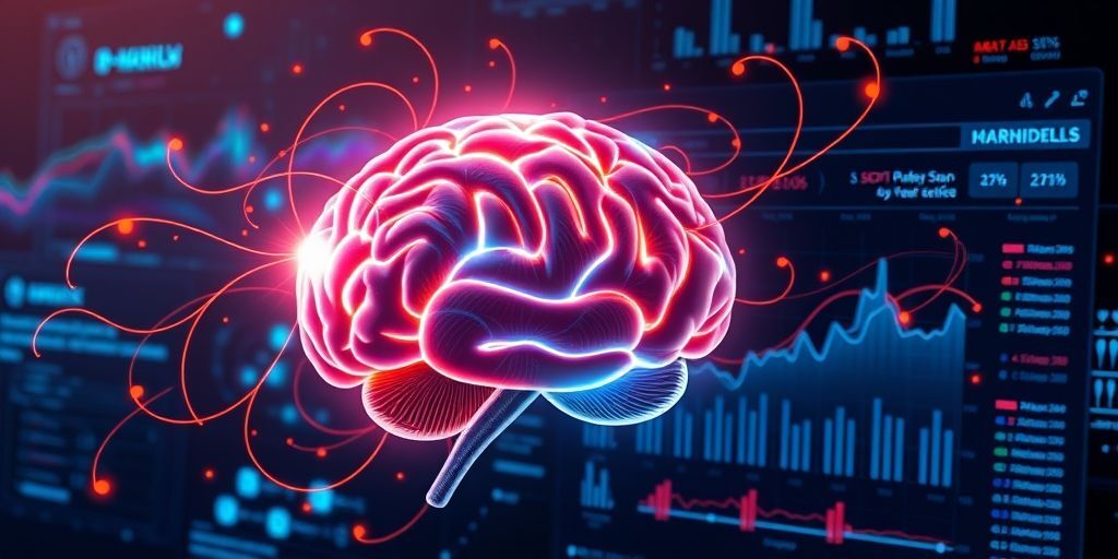A futuristic digital brain with Persian script floating around it, connected to a WordPress dashboard showing SEO analytics. Vibrant blue and orange tech elements, holographic interface, and data streams in the background.