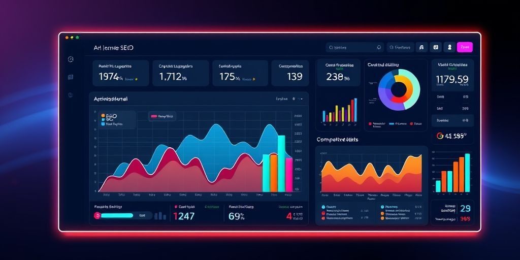 A modern dashboard with Persian language interface showing real-time SEO analytics, AI recommendations, and WordPress performance metrics. Color-coded graphs and 3D visualization elements.