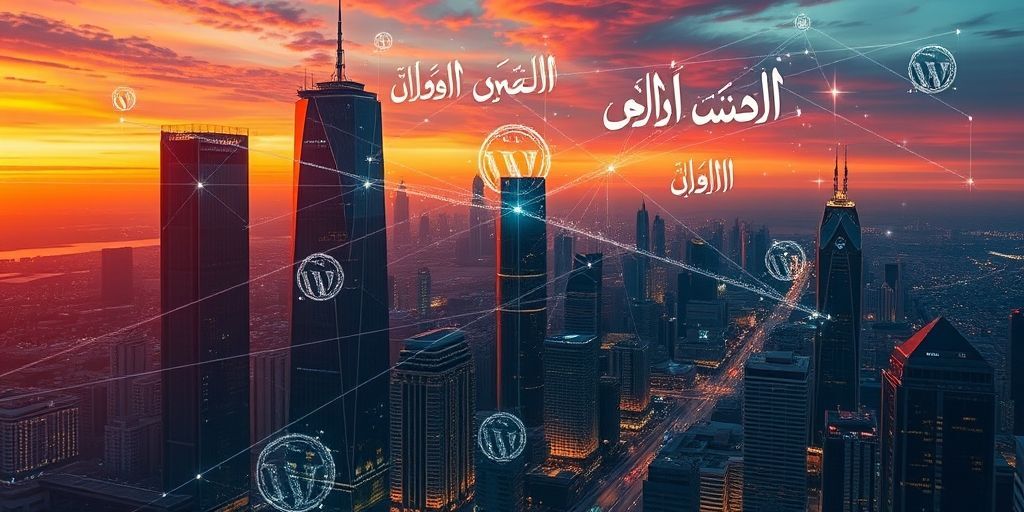 Futuristic cityscape with Persian text holograms rising from WordPress sites, connected by glowing AI neural networks. Sunset colors with digital particles floating in the air.