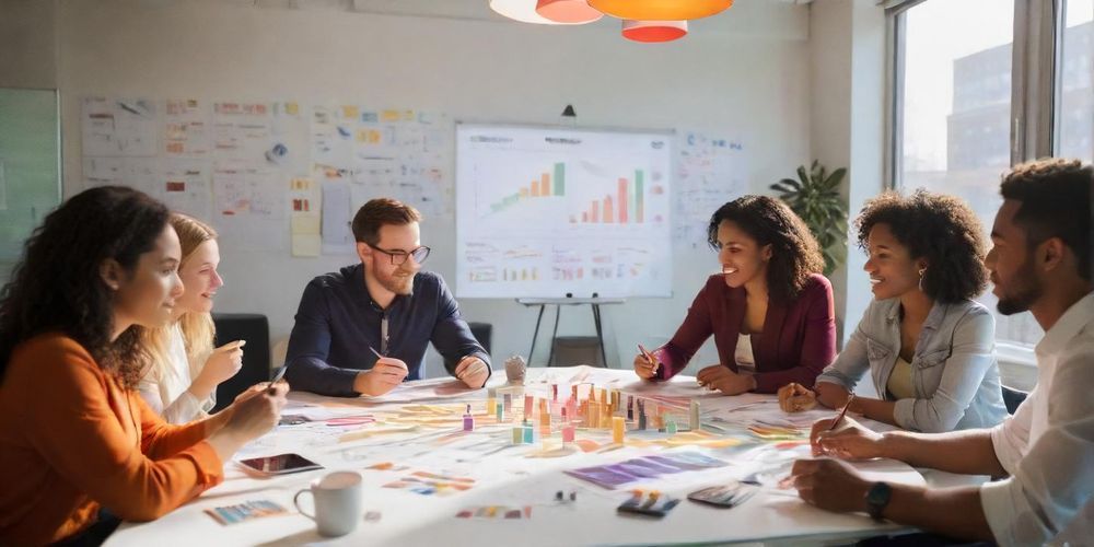 A diverse group of people engaged in a brainstorming session, analyzing marketing strategies, with charts and digital devices in the background, showcasing teamwork and innovation.