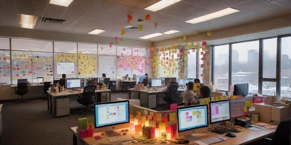 An engaging image of a marketing team brainstorming niche strategies, filled with papers and digital screens showcasing analytics and target market personas in a creative environment.