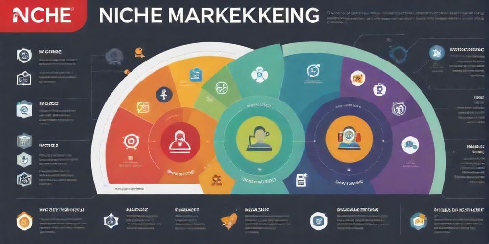 A detailed infographic showing steps to implement niche marketing in digital marketing strategies, featuring icons for research, target audience engagement, and content marketing plans.