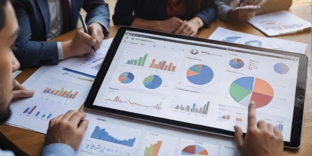 A close-up of a digital marketing strategy session, showing a diverse group of professionals brainstorming niche market approaches, with graphs and charts around them.
