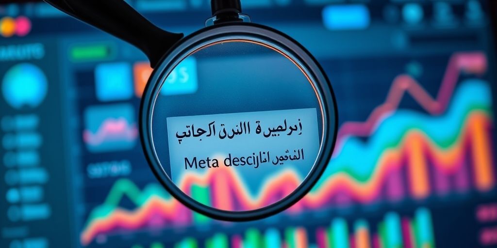 A magnifying glass hovering over a WordPress dashboard, showing a meta description field being edited with Persian characters. Colorful SEO analytics graphs visible in the background, symbolizing search engine optimization.