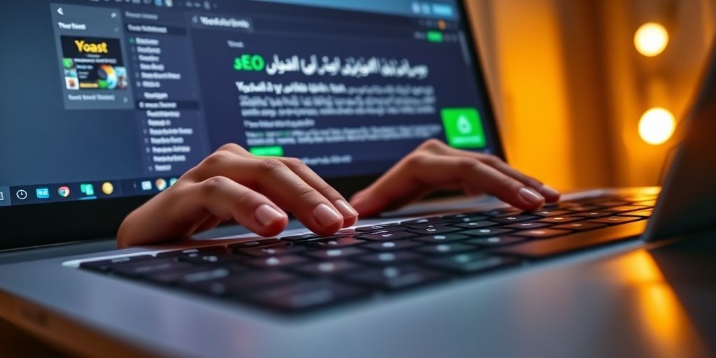 Close-up of hands typing on a keyboard with a WordPress editor open on screen showing Yoast SEO meta description box in Persian. Focus on clear Persian typography and green SEO score indicator.